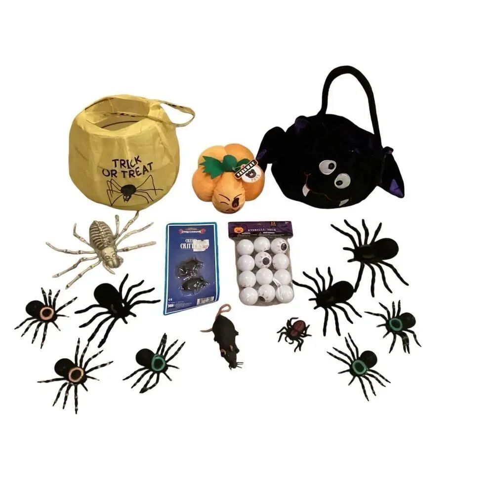 Lot Of Halloween Party Supplies Trick Or Treat Bucket Faux Spiders Rat Bat Pumpk